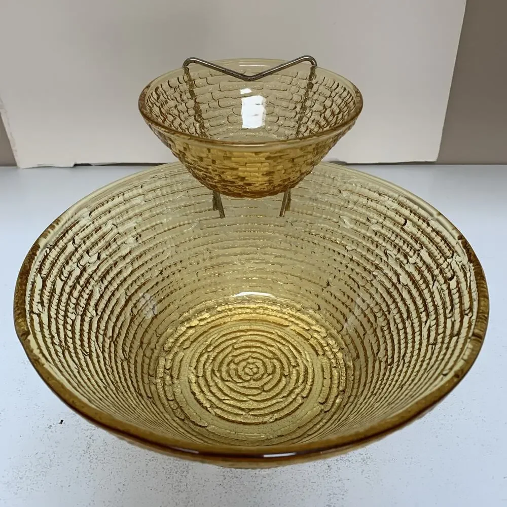 Vintage Anchor Hocking Soreno Amber Glass Chip and Dip Bowl Set w/ Holder